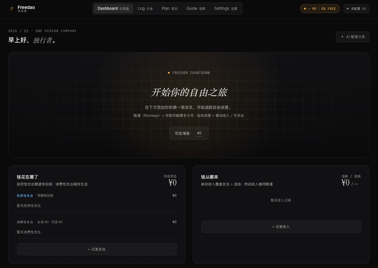 Freedao 主界面 · 自由倒计时 + 支出 / 收入面板